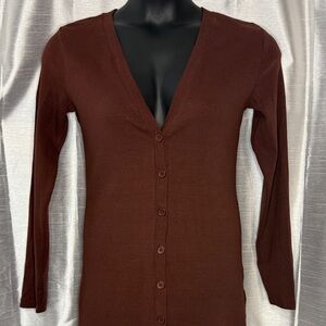 Zara Long Sleeve Ribbed Dress Women’s Large Deep V Neck Button Up Burgundy
